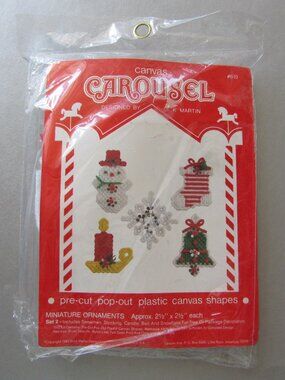 Miniature Ornaments Plastic Canvas Shapes Carousel Vintage Kit #610, 1982